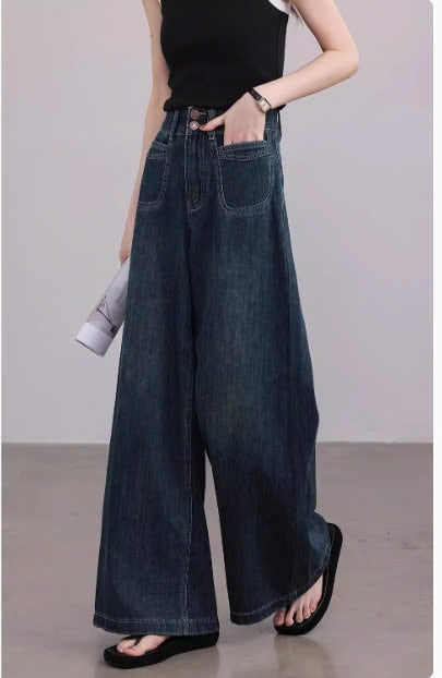 Quần jean ống rộng đứng cạp cao màu xanh đậm phong cách Vintage Retro QJ101240