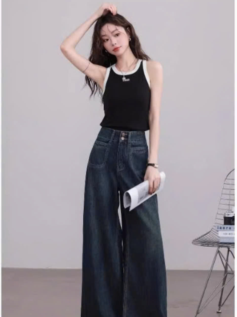 Quần jean ống rộng đứng cạp cao màu xanh đậm phong cách Vintage Retro QJ101240
