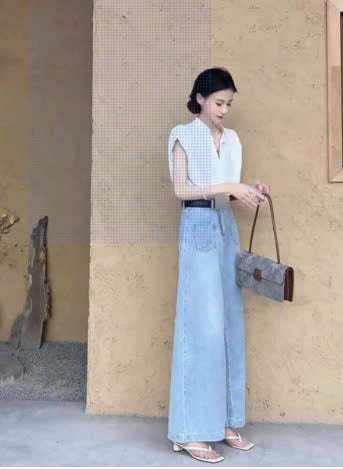 Quần jean ống suông rộng cạp cao phối túi trước phong cách Retro QJ102240