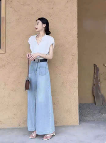 Quần jean ống suông rộng cạp cao phối túi trước phong cách Retro QJ102240