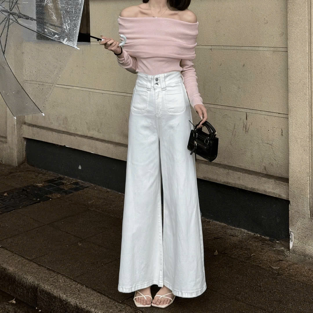 Quần jean ống rộng denim cạp cao nữ  phong cách Retro QJ107240
