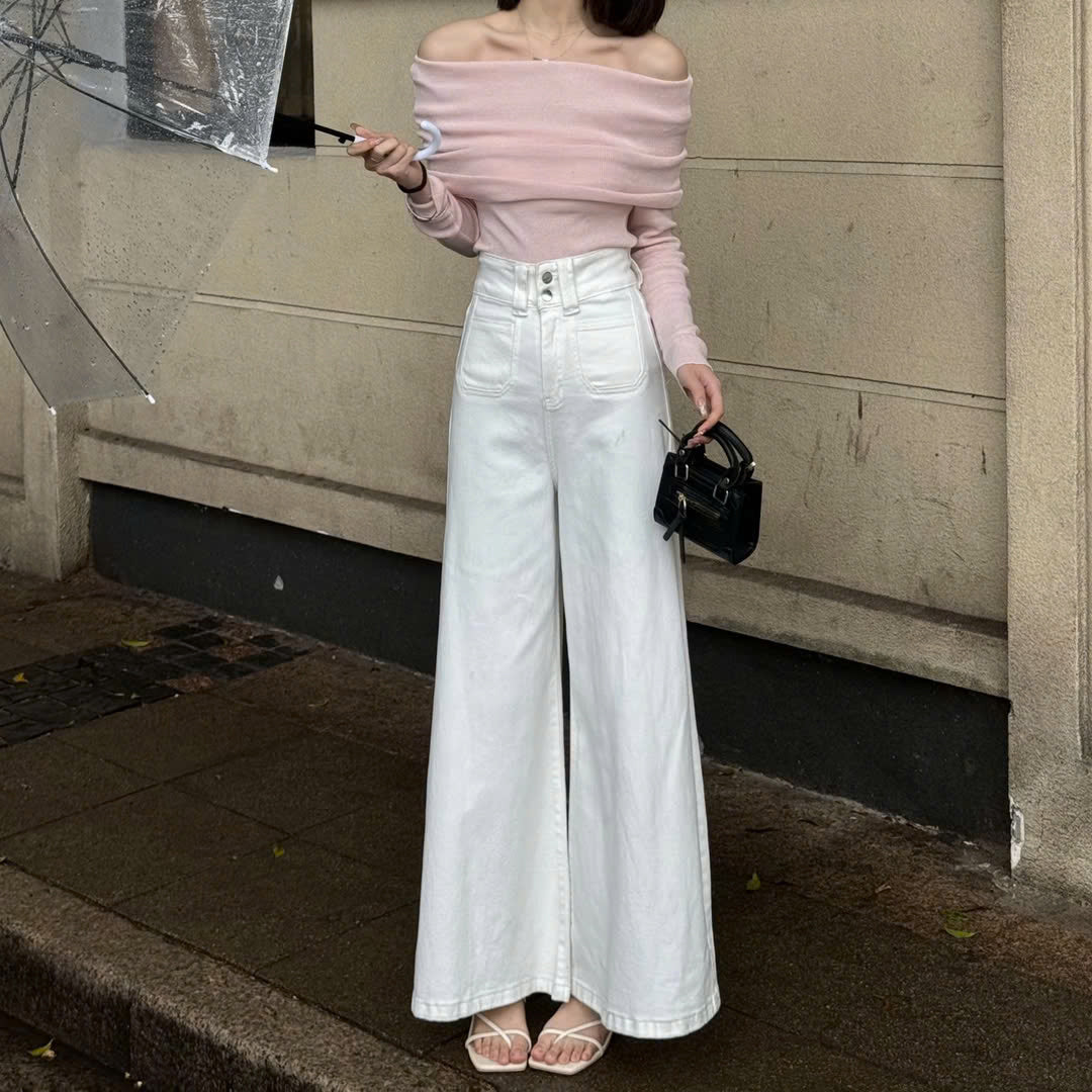 Quần jean ống rộng denim cạp cao nữ  phong cách Retro QJ107240