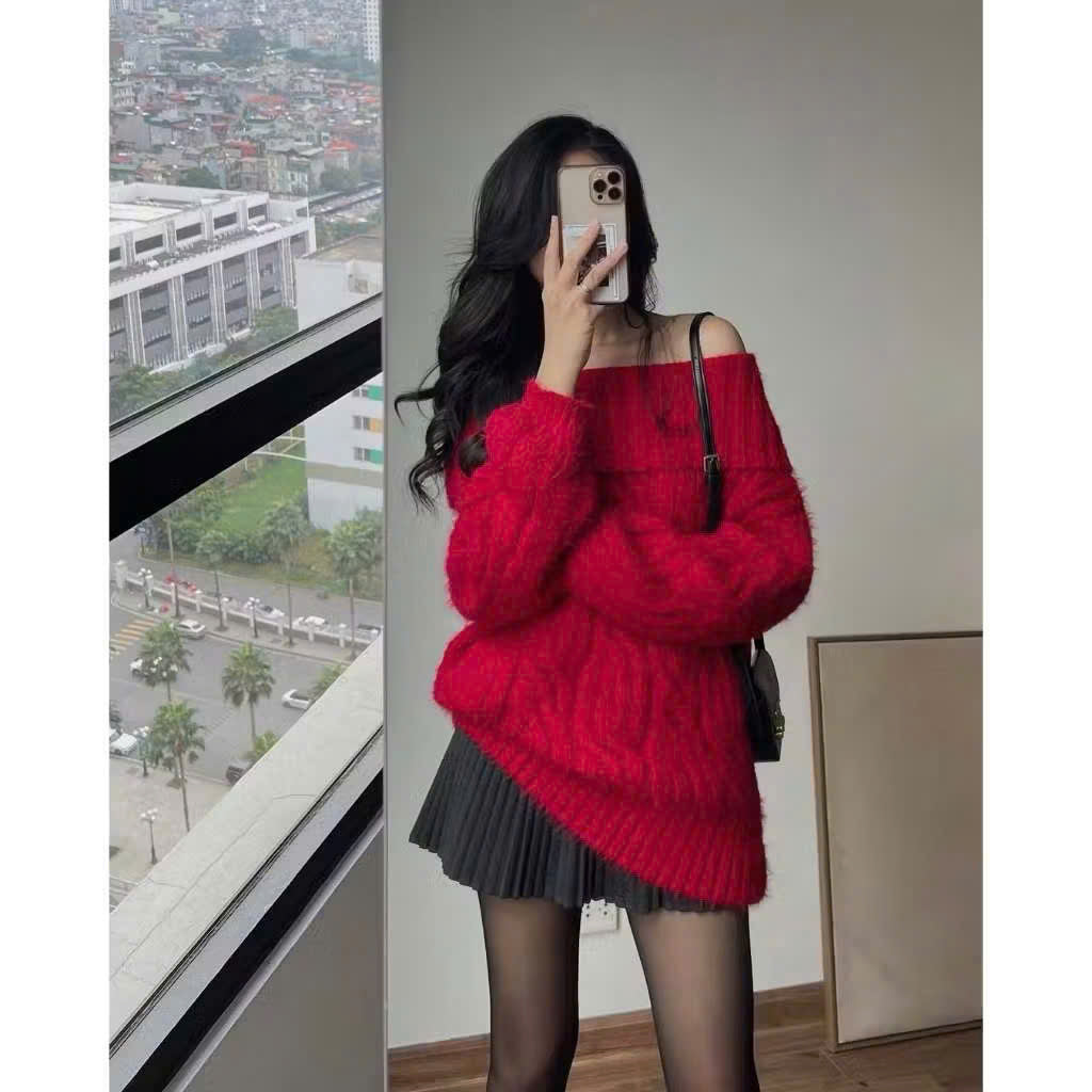 레드 핫트렌드 오프숄더 장팔 토끼털 스웨터 QC TD107240
