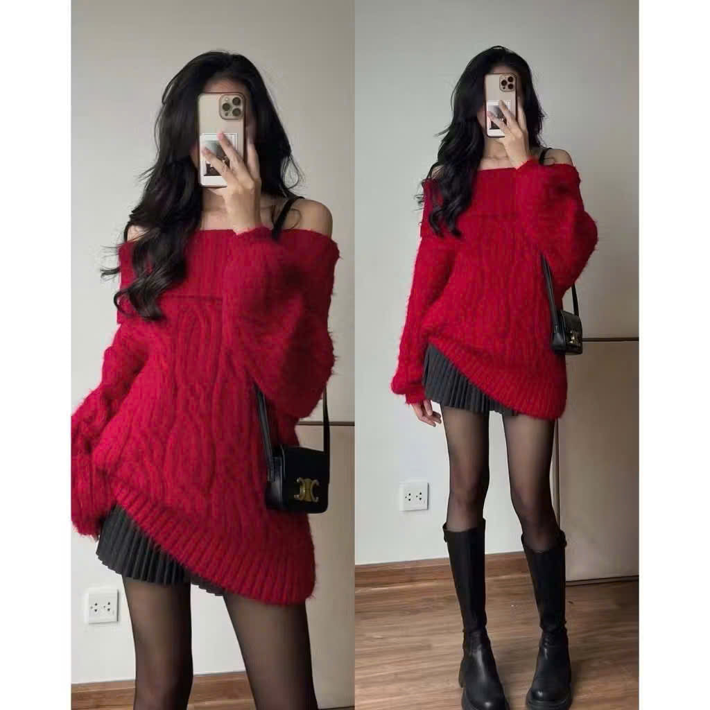 레드 핫트렌드 오프숄더 장팔 토끼털 스웨터 QC TD107240