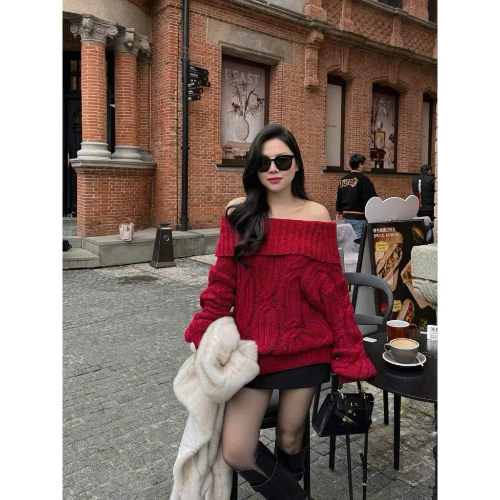 레드 핫트렌드 오프숄더 장팔 토끼털 스웨터 QC TD107240