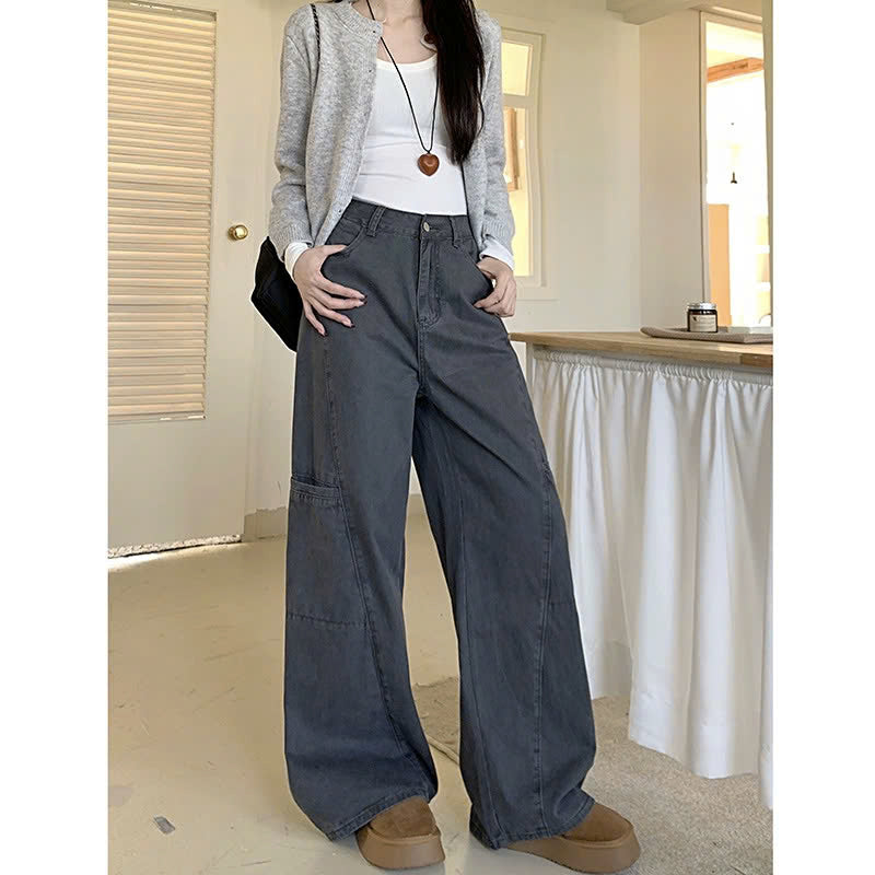 Quần jeans ống rộng cạp cao đi làm mùa xuân thu, thiết kế mới, màu xám thanh lịch, viền tinh tế QJ072250