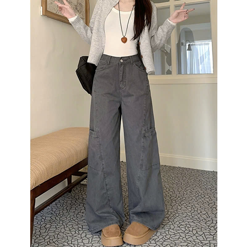 Quần jeans ống rộng cạp cao đi làm mùa xuân thu, thiết kế mới, màu xám thanh lịch, viền tinh tế QJ072250