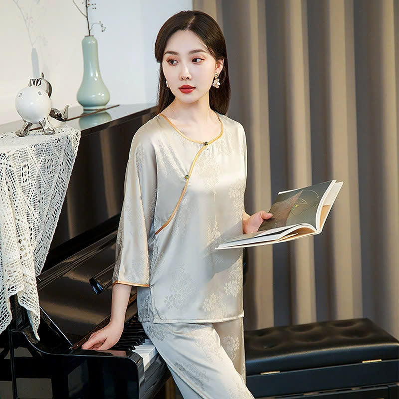 DN118250 얇은 중국풍 골드 컬러 실크 잠옷, 고급 자카드, 레트로 스타일