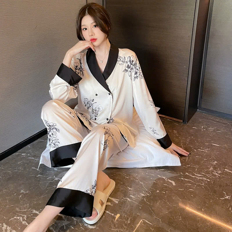 Bộ đồ ngủ áo len cardigan dài tay bằng lụa băng, phong cách Pháp cổ điển DN142250