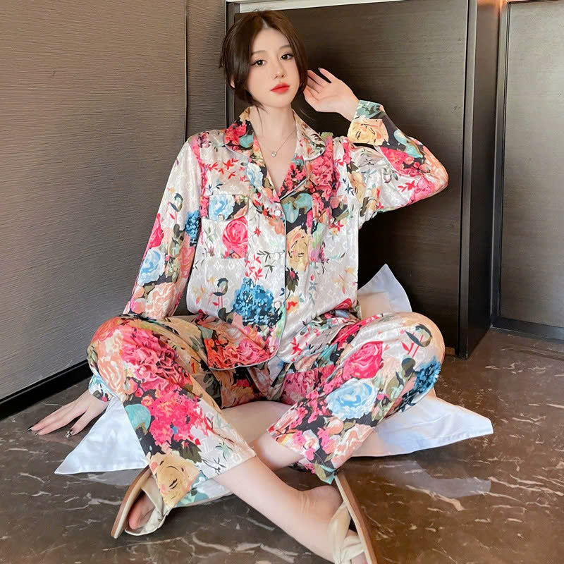 V넥 로즈 패턴 긴팔 잠옷, 섬세하고 여성스러운 디자인 DN148250