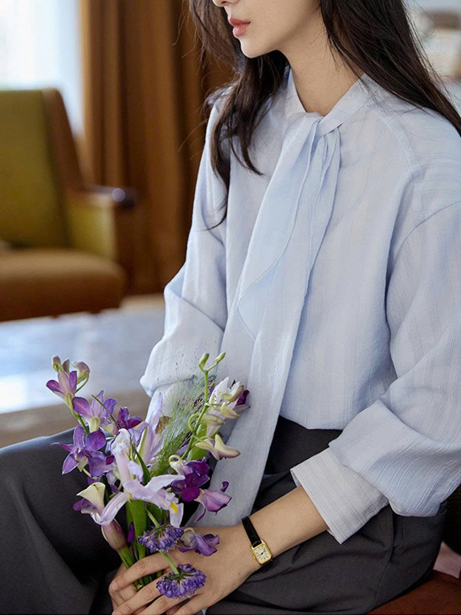 Áo sơ mi Tencel sọc dài tay nữ phong cách Pháp retro mùa thu 2025 D230250