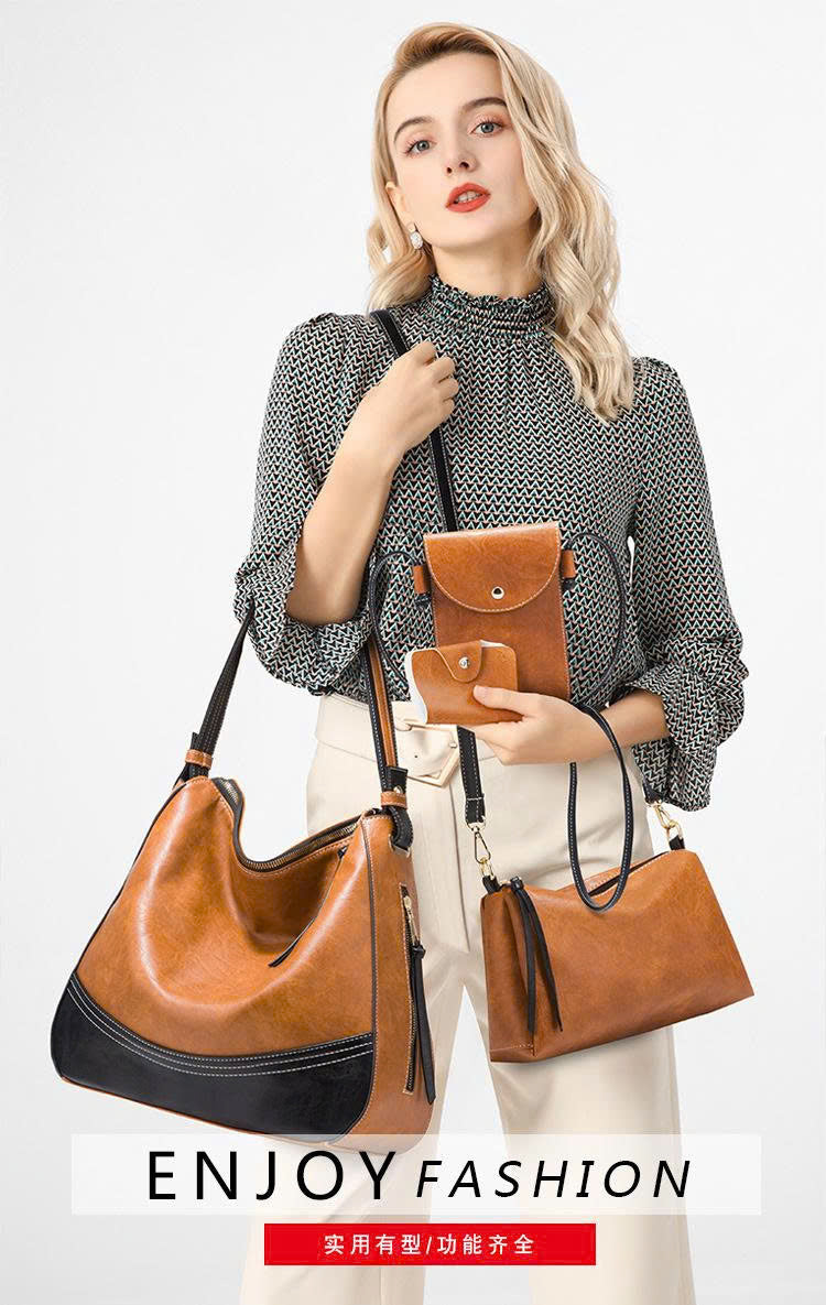 Fashionable Simple Color Block Handbag Set - New European and American Style - 4-piece Shoulder & Crossbody Bag Set - Soft PU Material TX304250