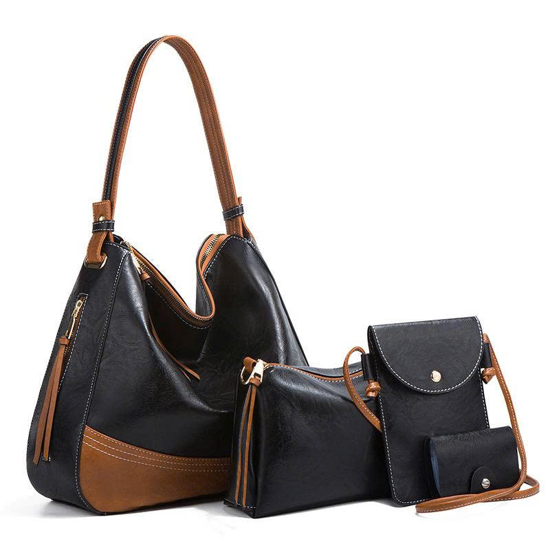 Fashionable Simple Color Block Handbag Set - New European and American Style - 4-piece Shoulder & Crossbody Bag Set - Soft PU Material TX304250